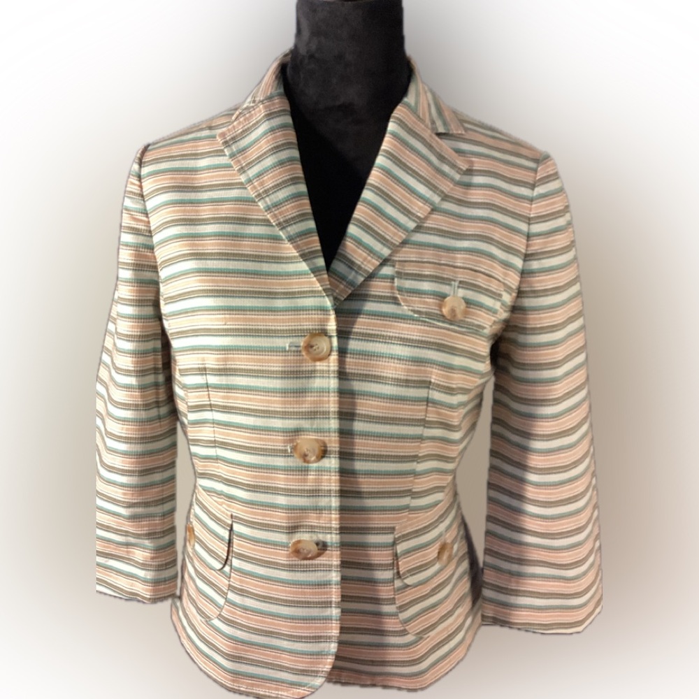 Ann Taylor Loft womens striped turquoise & khaki jacket 3/4 sleeves size 8